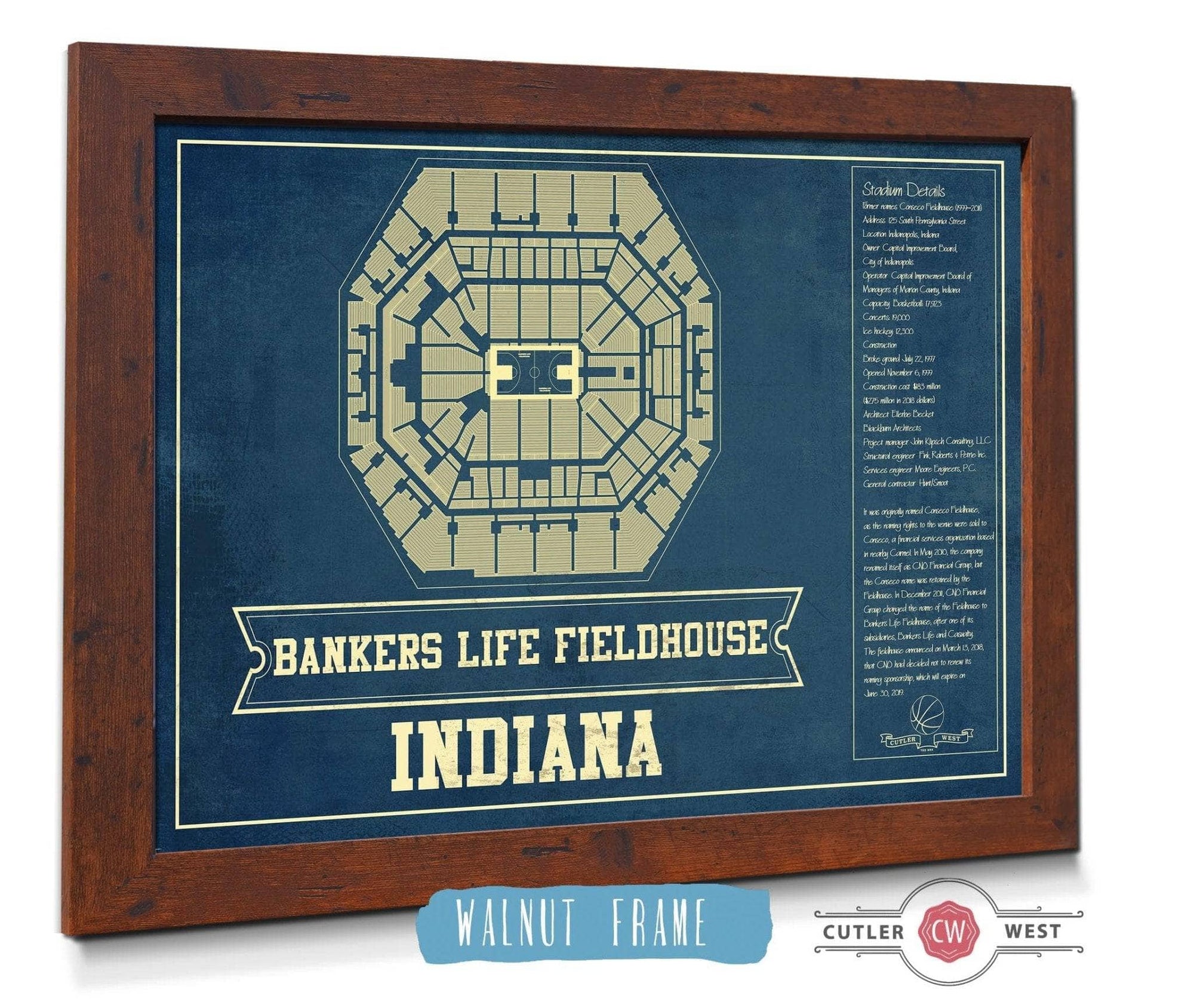 Cutler West Basketball Collection 14" x 11" / Walnut Frame Indiana Pacers Bankers Life Fieldhouse Vintage Basketball Blueprint NBA Print 933350166_76566