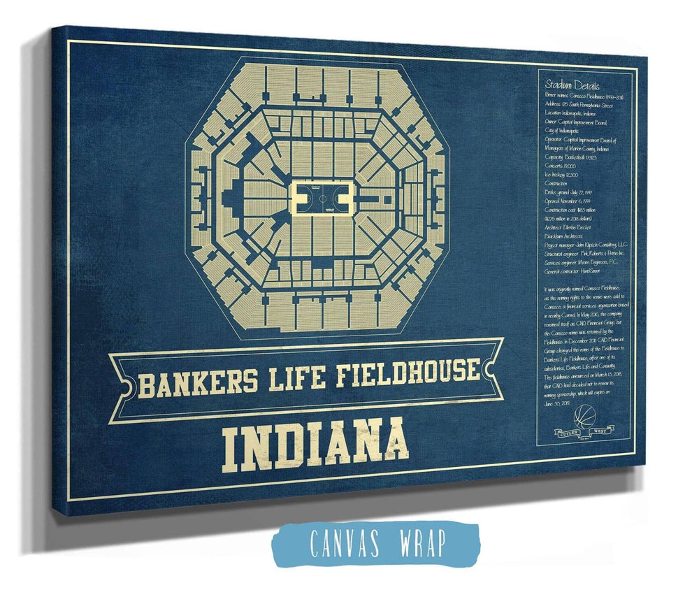 14" x 11" / Stretched Canvas Wrap Cutler West Indiana Pacers Bankers Life Fieldhouse Vintage Basketball Blueprint NBA Print