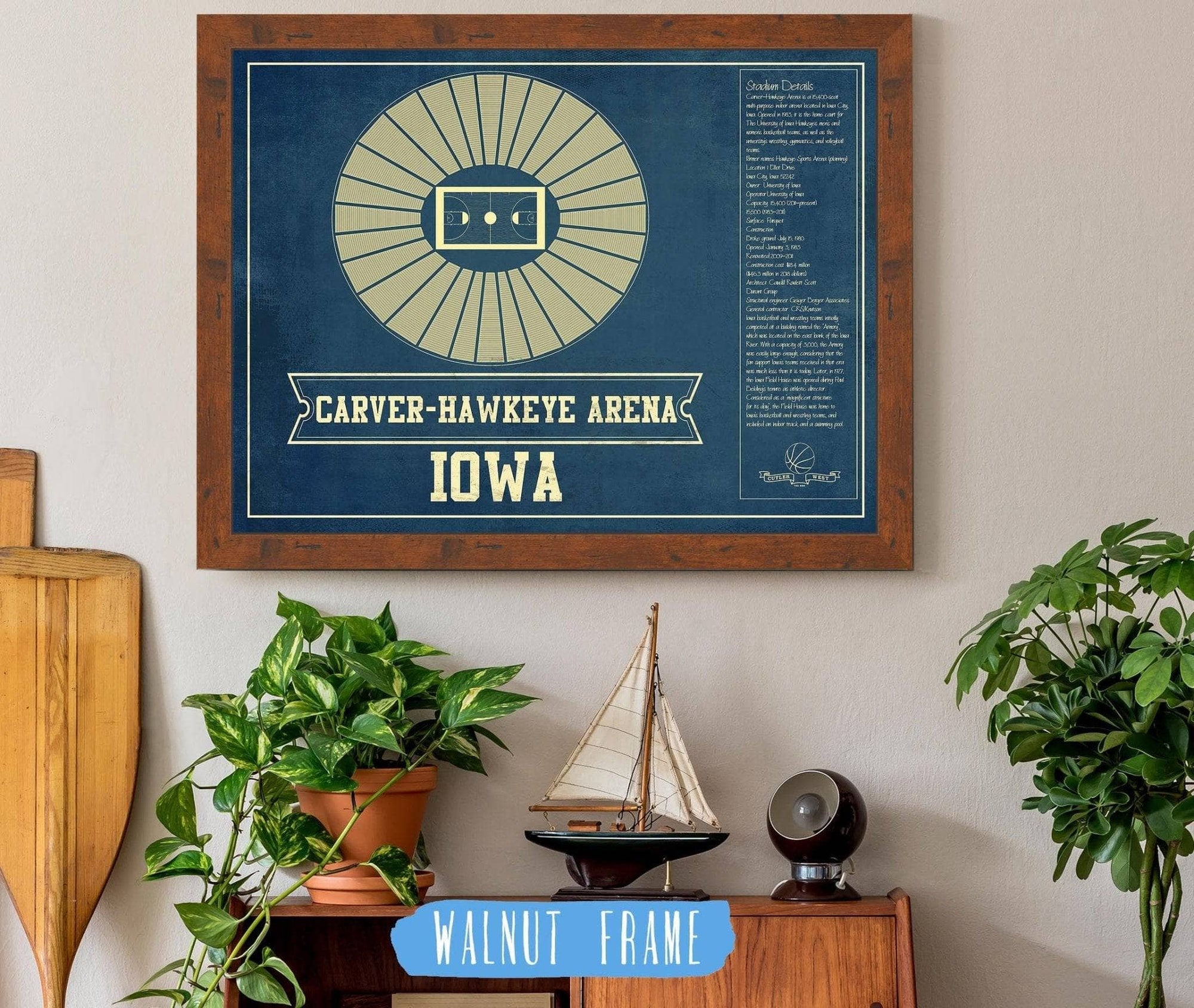 Cutler West Basketball Collection 14" x 11" / Walnut Frame Carver–Hawkeye Arena Iowa Men's And Women's Basketball Vintage Print 933350233_83429