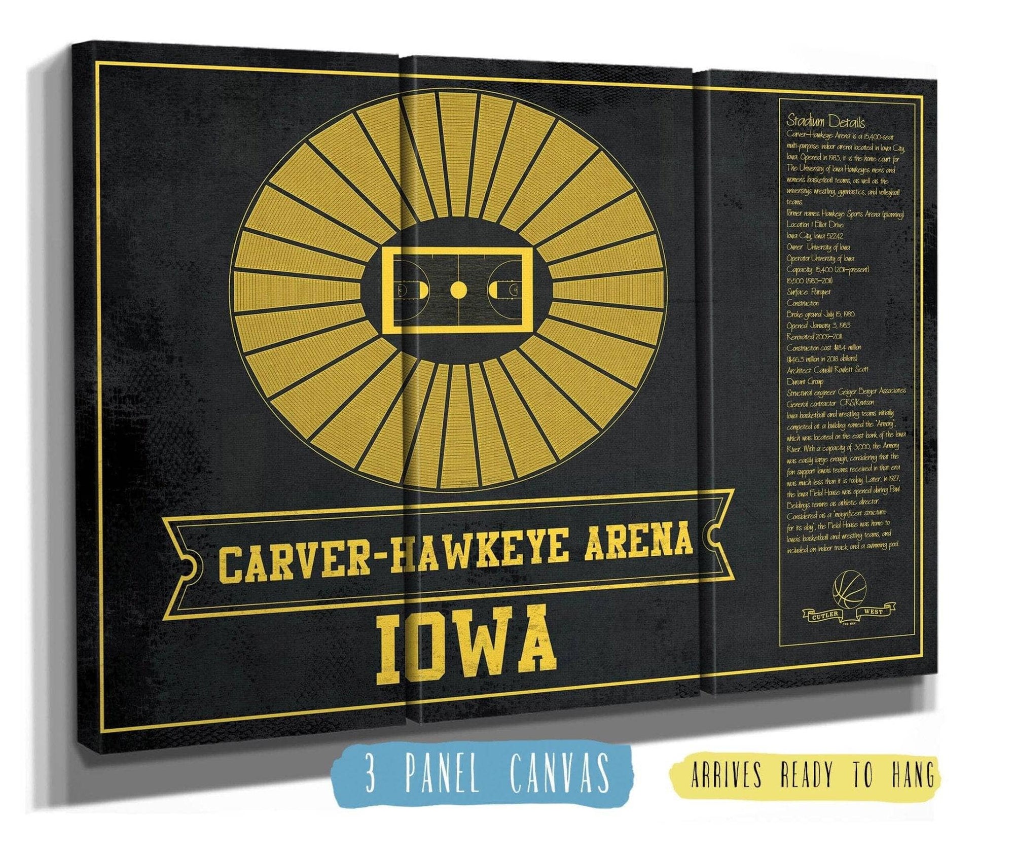 Cutler West Basketball Collection 48" x 32" / 3 Panel Canvas Wrap Carver–Hawkeye Arena Iowa Men's And Women's Basketball Team Vintage Print 933350234_83542