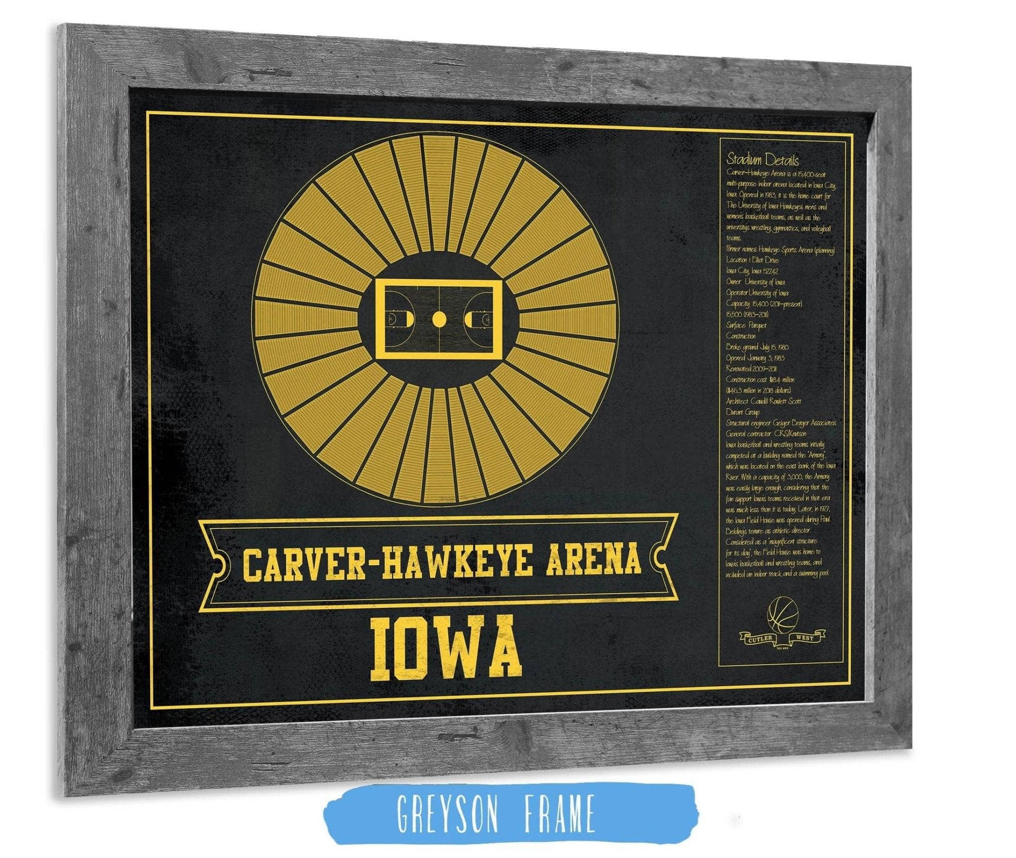 Cutler West Basketball Collection 14" x 11" / Greyson Frame Carver–Hawkeye Arena Iowa Men's And Women's Basketball Team Vintage Print 933350234_83499
