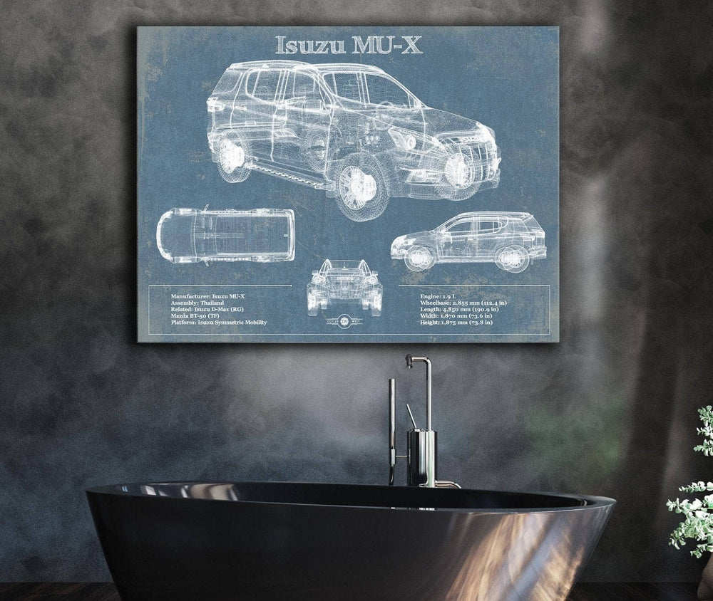 14" x 11" / Stretched Canvas Wrap Cutler West Isuzu MU-X Vintage Blueprint Auto Print