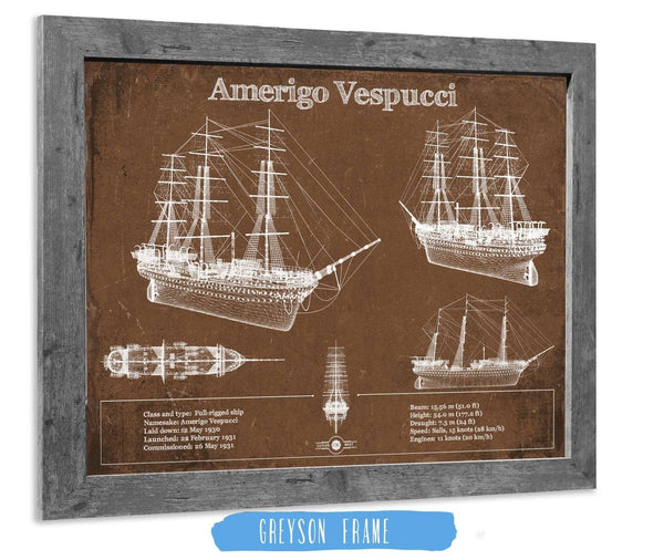 14" x 11" / Greyson Frame Cutler West Italian Training Ship Amerigo Vespucci Blueprint Original Military Wall Art