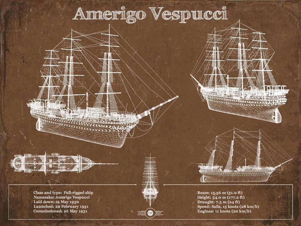 14" x 11" / Stretched Canvas Wrap Cutler West Italian Training Ship Amerigo Vespucci Blueprint Original Military Wall Art