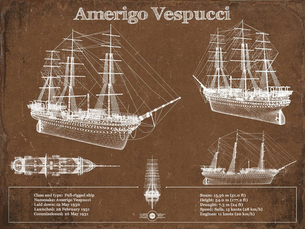 14" x 11" / Unframed Cutler West Italian Training Ship Amerigo Vespucci Blueprint Original Military Wall Art