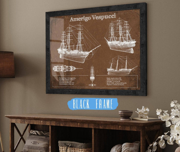 20" x 16" / Black Frame Cutler West Italian Training Ship Amerigo Vespucci Blueprint Original Military Wall Art