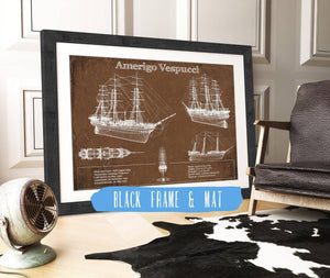 20" x 16" / Black Frame & Mat Cutler West Italian Training Ship Amerigo Vespucci Blueprint Original Military Wall Art
