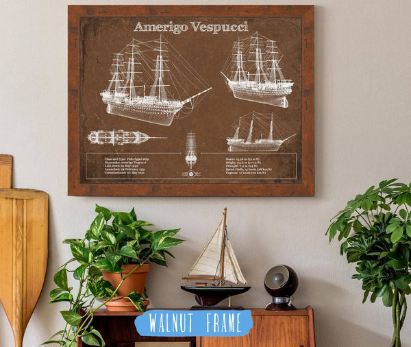 20" x 16" / Walnut Frame Cutler West Italian Training Ship Amerigo Vespucci Blueprint Original Military Wall Art