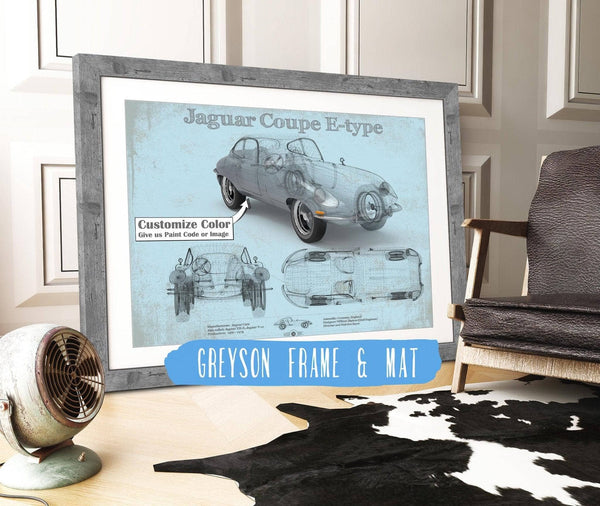 14" x 11" / Greyson Frame & Mat Cutler West Jaguar Coupe E Type Car Original Blueprint Art