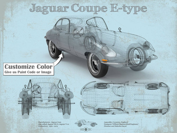 14" x 11" / Unframed Cutler West Jaguar Coupe E Type Car Original Blueprint Art