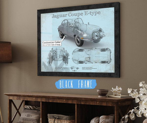 20" x 16" / Black Frame Cutler West Jaguar Coupe E Type Car Original Blueprint Art