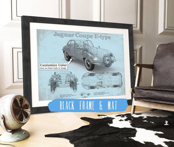 20" x 16" / Black Frame & Mat Cutler West Jaguar Coupe E Type Car Original Blueprint Art