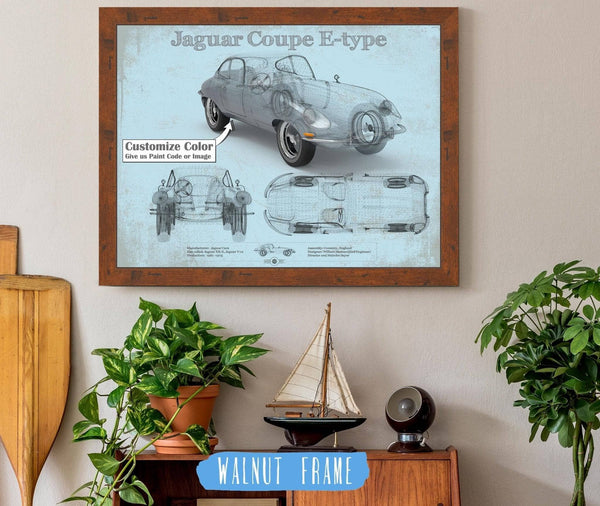 20" x 16" / Walnut Frame Cutler West Jaguar Coupe E Type Car Original Blueprint Art