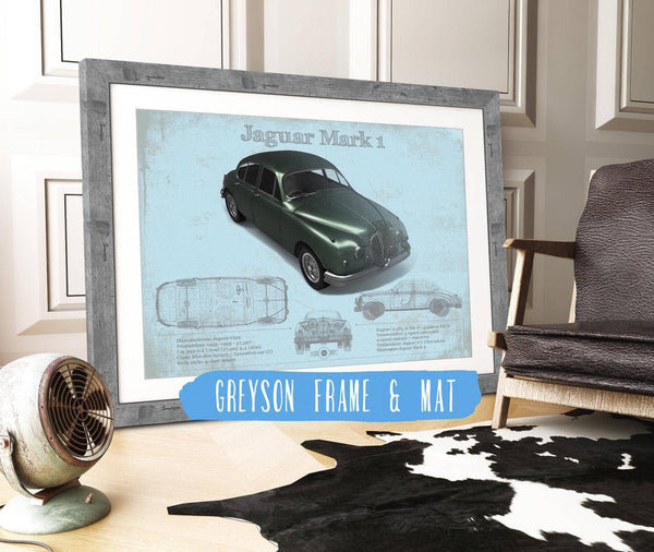 14" x 11" / Greyson Frame & Mat Cutler West Jaguar Mark 1 (Dark Green) Blueprint Vintage Auto Print