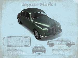 14" x 11" / Unframed Cutler West Jaguar Mark 1 (Dark Green) Blueprint Vintage Auto Print