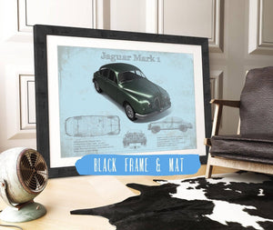 20" x 16" / Black Frame & Mat Cutler West Jaguar Mark 1 (Dark Green) Blueprint Vintage Auto Print