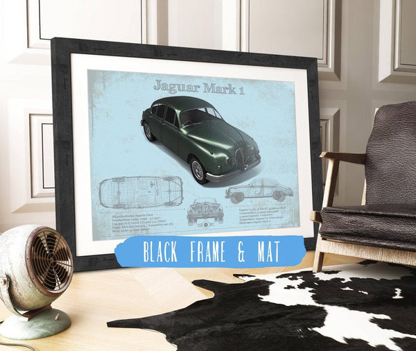 20" x 16" / Black Frame & Mat Cutler West Jaguar Mark 1 (Dark Green) Blueprint Vintage Auto Print
