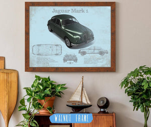 20" x 16" / Walnut Frame Cutler West Jaguar Mark 1 (Dark Green) Blueprint Vintage Auto Print