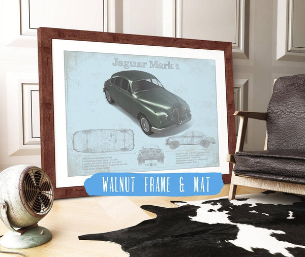 20" x 16" / Walnut Frame & Mat Cutler West Jaguar Mark 1 (Dark Green) Blueprint Vintage Auto Print