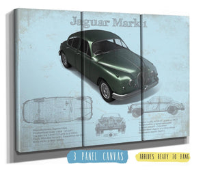 36" x 24" / 3 Panel Canvas Wrap Cutler West Jaguar Mark 1 (Dark Green) Blueprint Vintage Auto Print