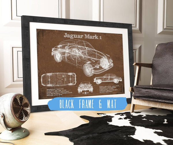 20" x 16" / Black Frame & Mat Cutler West Jaguar Mark 1 Saloon Blueprint Vintage Auto Print