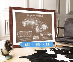 20" x 16" / Walnut Frame & Mat Cutler West Jaguar Mark 1 Saloon Blueprint Vintage Auto Print