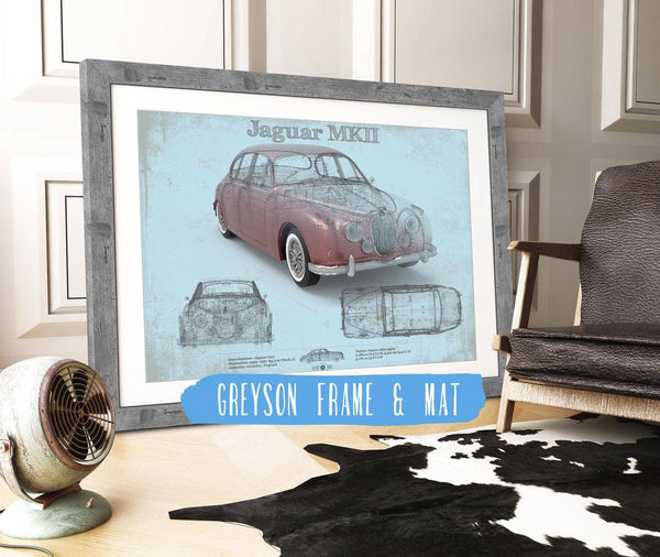 14" x 11" / Greyson Frame & Mat Cutler West Jaguar Mark 2 MKII Car Original Blueprint Art