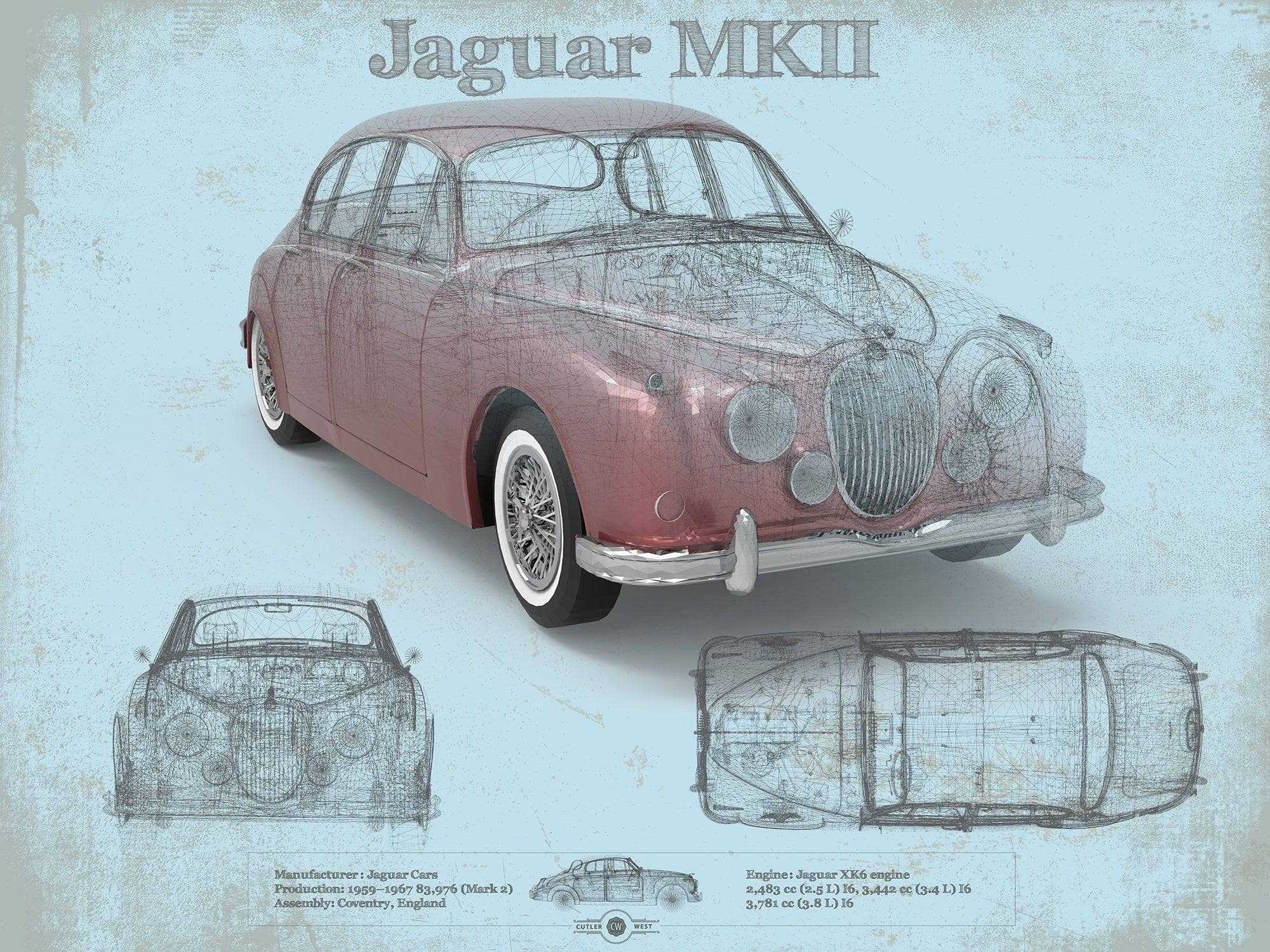 Cutler West Jaguar Collection 14" x 11" / Unframed Jaguar Mark 2 MKII Car Original Blueprint Art 845000130_11474