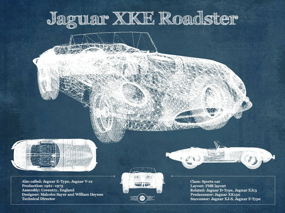 14" x 11" / Stretched Canvas Wrap Cutler West Jaguar XK-E Roadster Original Blueprint Art
