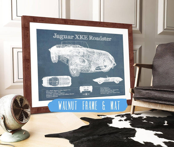 20" x 16" / Walnut Frame & Mat Cutler West Jaguar XK-E Roadster Original Blueprint Art
