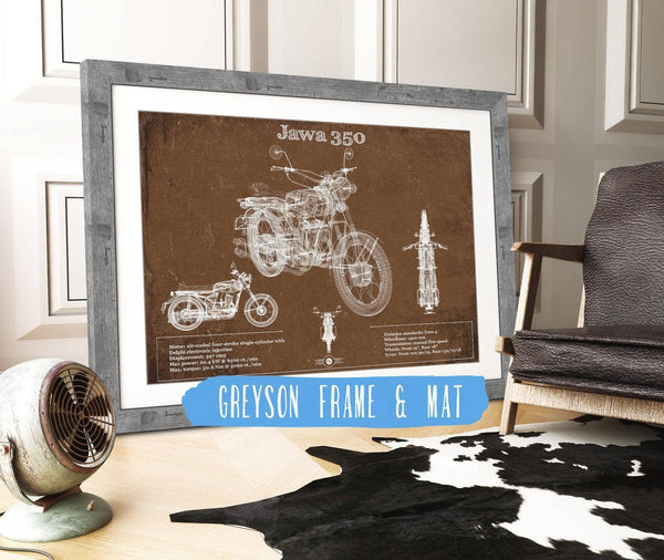 14" x 11" / Greyson Frame & Mat Cutler West Jawa 350 Vintage Blueprint Motorcycle Patent Print
