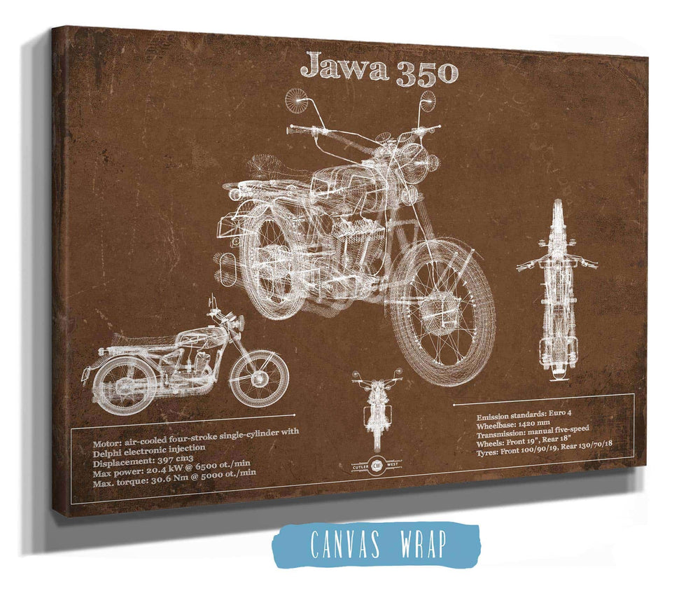 14" x 11" / Stretched Canvas Wrap Cutler West Jawa 350 Vintage Blueprint Motorcycle Patent Print
