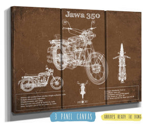 36" x 24" / 3 Panel Canvas Wrap Cutler West Jawa 350 Vintage Blueprint Motorcycle Patent Print