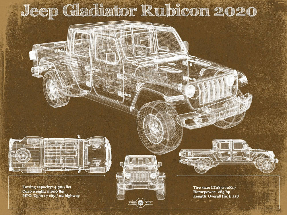 14" x 11" / Stretched Canvas Wrap Cutler West Jeep Gladiator Rubicon 2020 Blueprint Vintage Auto Print