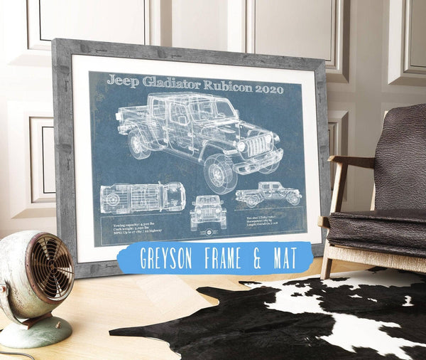 14" x 11" / Greyson Frame & Mat Cutler West Jeep Gladiator Rubicon 2020 Vintage Blueprint Auto Print