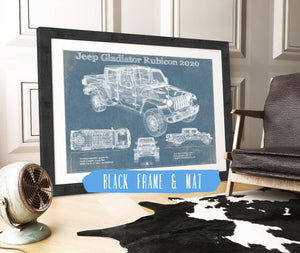 20" x 16" / Black Frame & Mat Cutler West Jeep Gladiator Rubicon 2020 Vintage Blueprint Auto Print