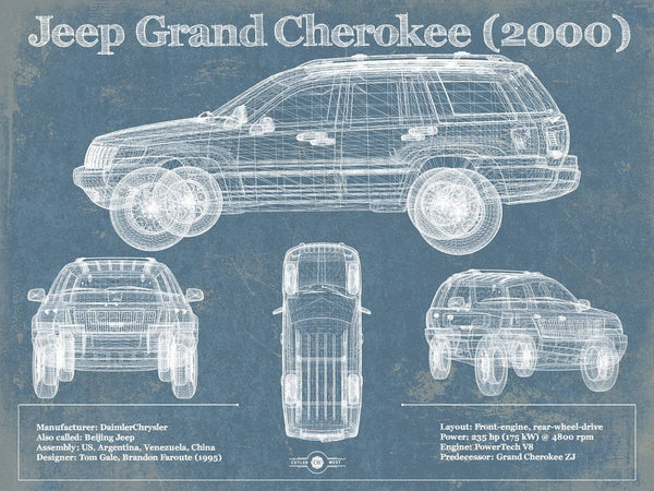 14" x 11" / Unframed Cutler West Jeep Grand Cherokee 2000 Vintage Blueprint Auto Print