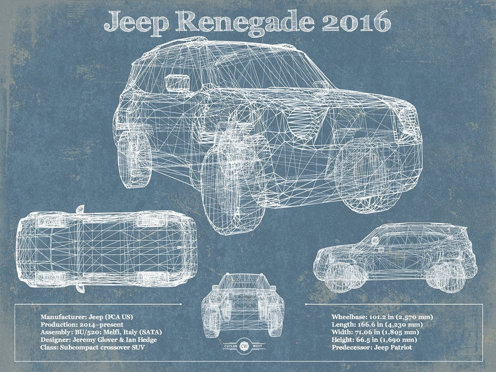 14" x 11" / Stretched Canvas Wrap Cutler West Jeep Renegade 2016 Blueprint Vintage Auto Print