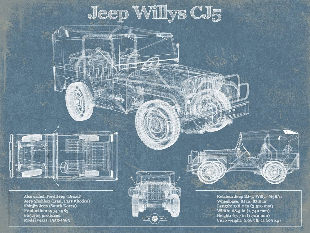 14" x 11" / Stretched Canvas Wrap Cutler West Jeep Willys CJ5 Army Truck Original Patent Print