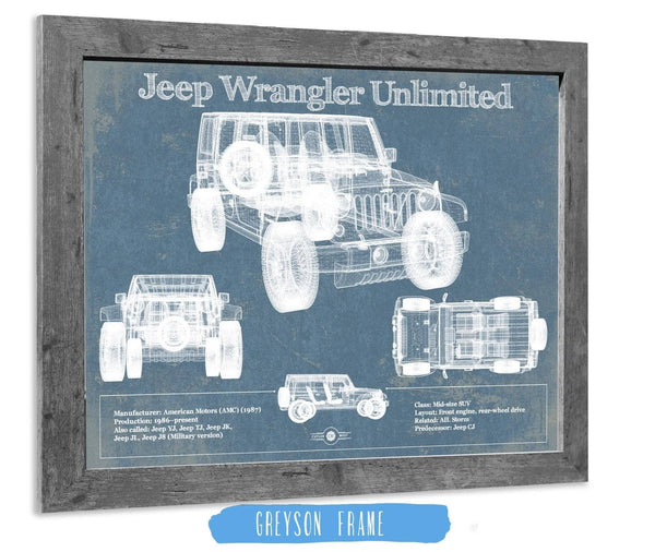 14" x 11" / Greyson Frame Cutler West Jeep Wrangler Unlimited Vintage Blueprint Auto Print