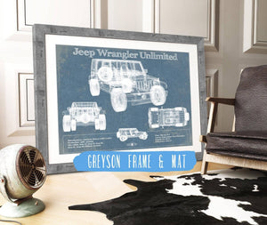14" x 11" / Greyson Frame & Mat Cutler West Jeep Wrangler Unlimited Vintage Blueprint Auto Print