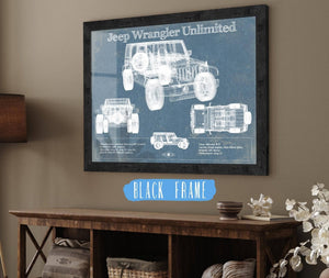 20" x 16" / Black Frame Cutler West Jeep Wrangler Unlimited Vintage Blueprint Auto Print