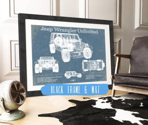 20" x 16" / Black Frame & Mat Cutler West Jeep Wrangler Unlimited Vintage Blueprint Auto Print