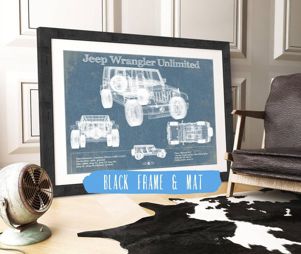 20" x 16" / Black Frame & Mat Cutler West Jeep Wrangler Unlimited Vintage Blueprint Auto Print