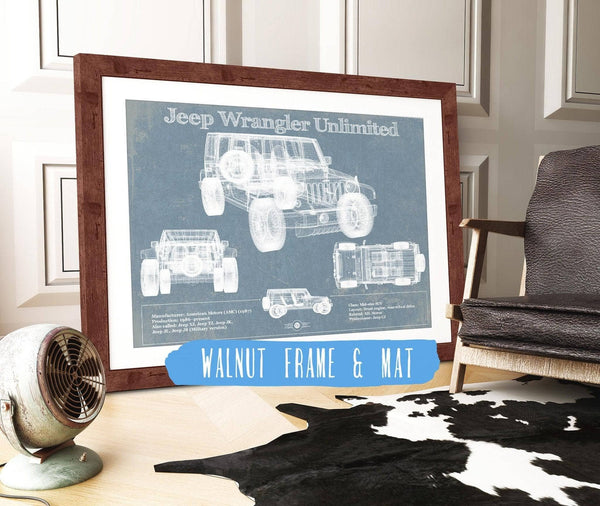 20" x 16" / Walnut Frame & Mat Cutler West Jeep Wrangler Unlimited Vintage Blueprint Auto Print