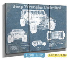 36" x 24" / 3 Panel Canvas Wrap Cutler West Jeep Wrangler Unlimited Vintage Blueprint Auto Print