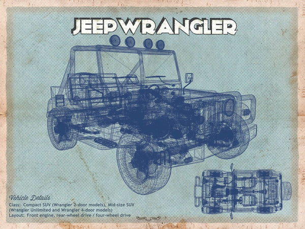 14" x 11" / Unframed Cutler West Jeep Wrangler Vintage Blueprint Auto Print