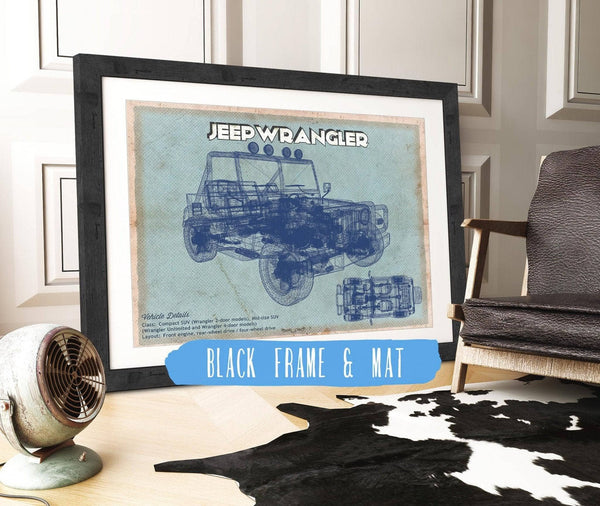 20" x 16" / Black Frame & Mat Cutler West Jeep Wrangler Vintage Blueprint Auto Print
