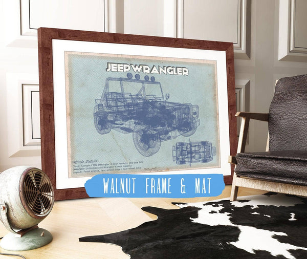 20" x 16" / Walnut Frame & Mat Cutler West Jeep Wrangler Vintage Blueprint Auto Print
