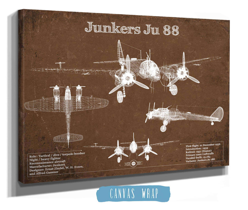 14" x 11" / Stretched Canvas Wrap Cutler West Junkers Ju 88 WWII Combat Aircraft Vintage Blueprint Original Military Wall Art